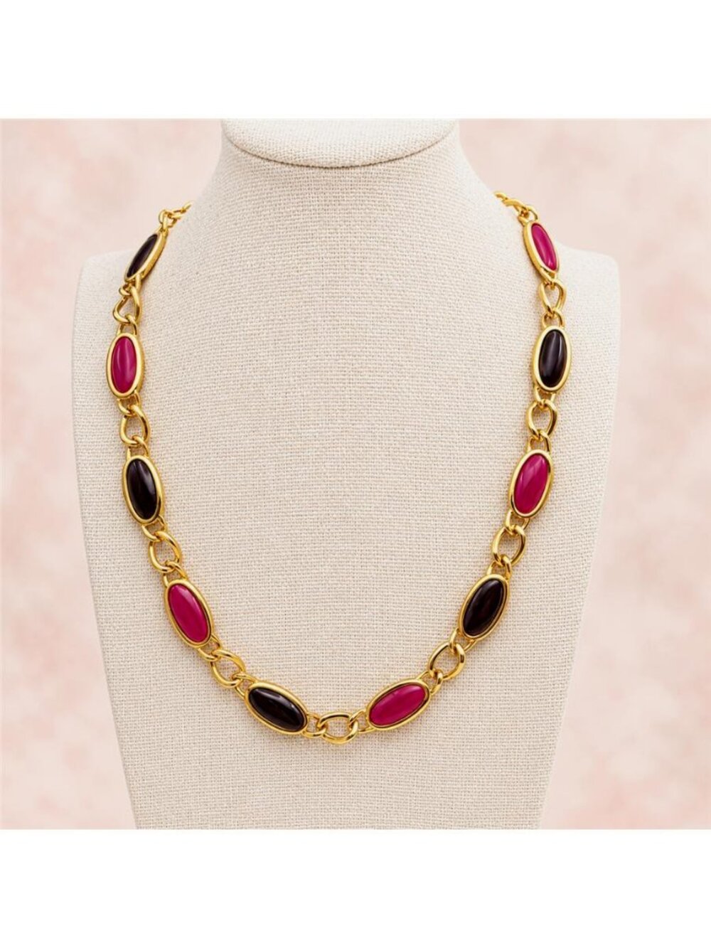 Talbots Black Pink Gold Tone Oval Link Necklace 21” Adjustable